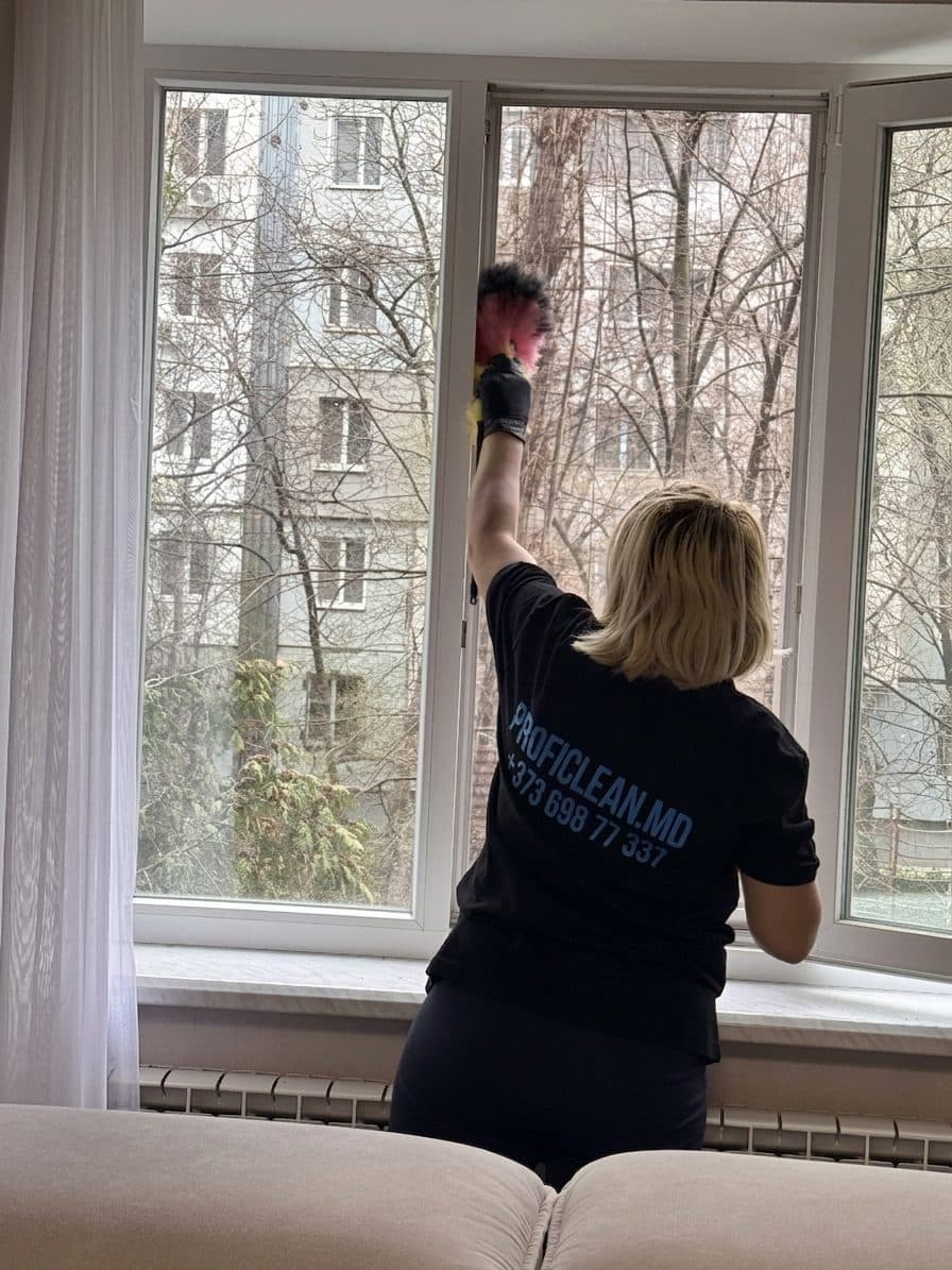 Colegă ProfiClean spală fereastra împreună cu ramele, într-un apartament